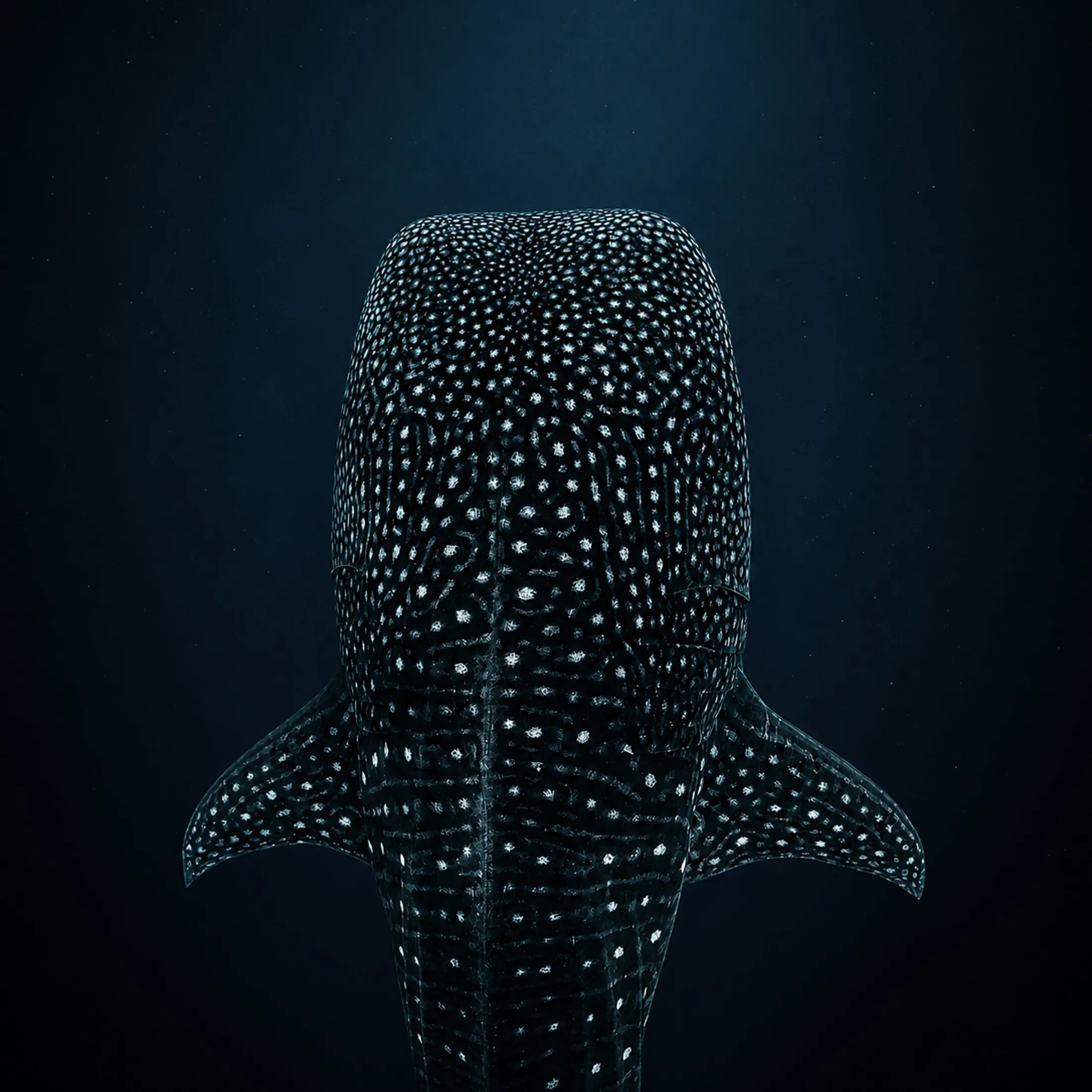 Un tiburón ballena emergiendo de la oscuridad, su lomo como un cielo estrellado
